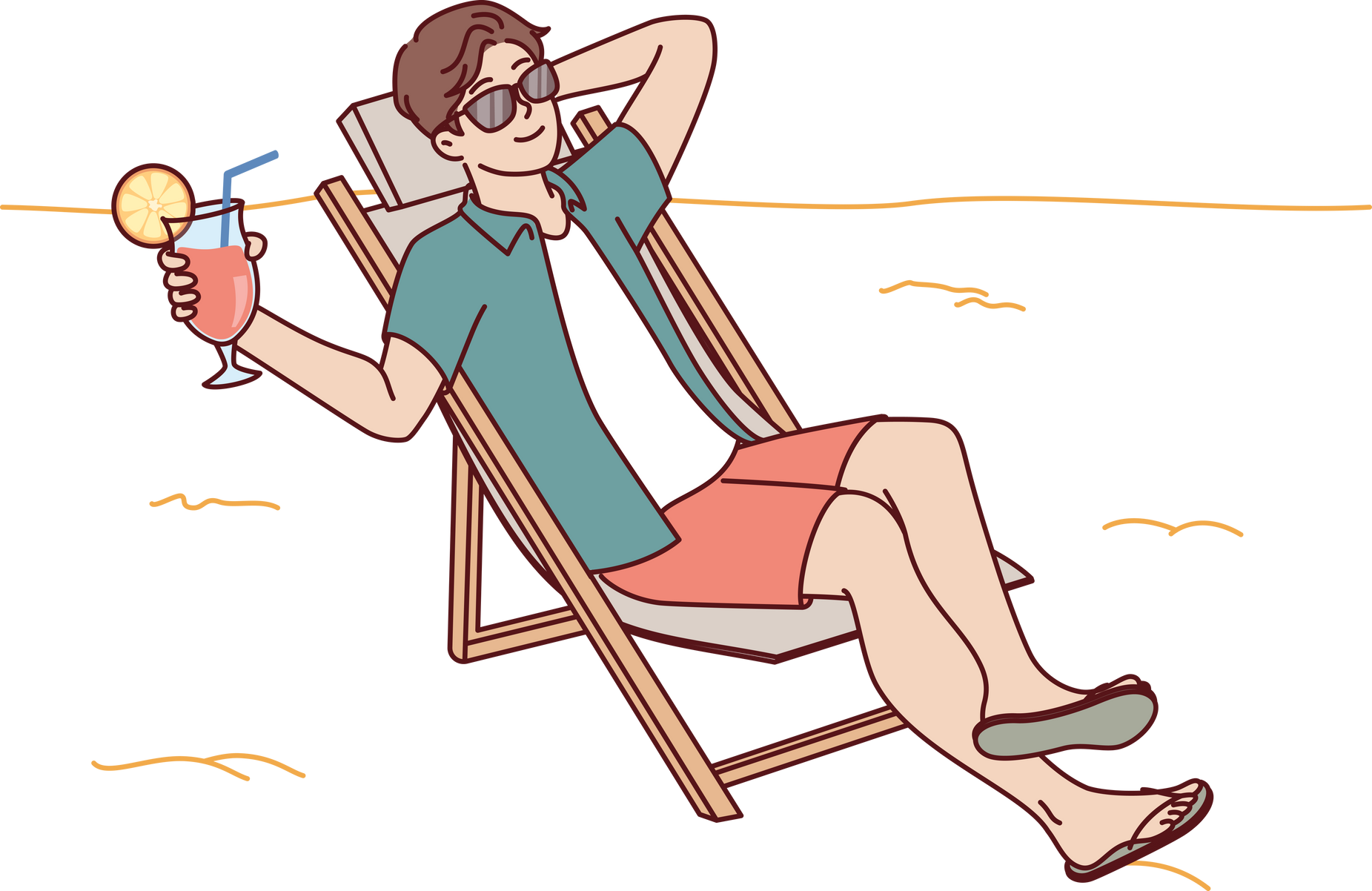 Man tourist is sunbathing on beach sitting in sun lounger and drinking fruity refreshing cocktail